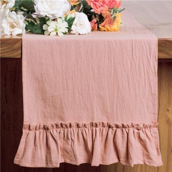 Farmhouse Table Runner Country Cottage Decor Long Pink Cotton Decorative Cloth - Picture 2 of 6